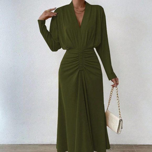 . Dresses & Skirts - Green Preppy Womens Solid Ruched Front Ruched Waist A-line Dress